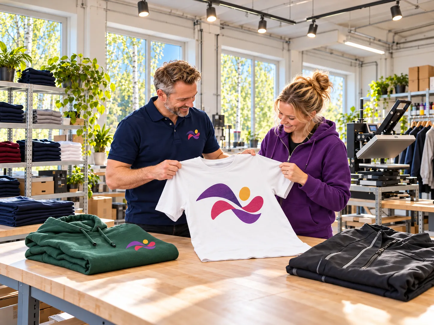 Två medarbetare håller upp en vit t-shirt med lila tryck i ett tryckeri